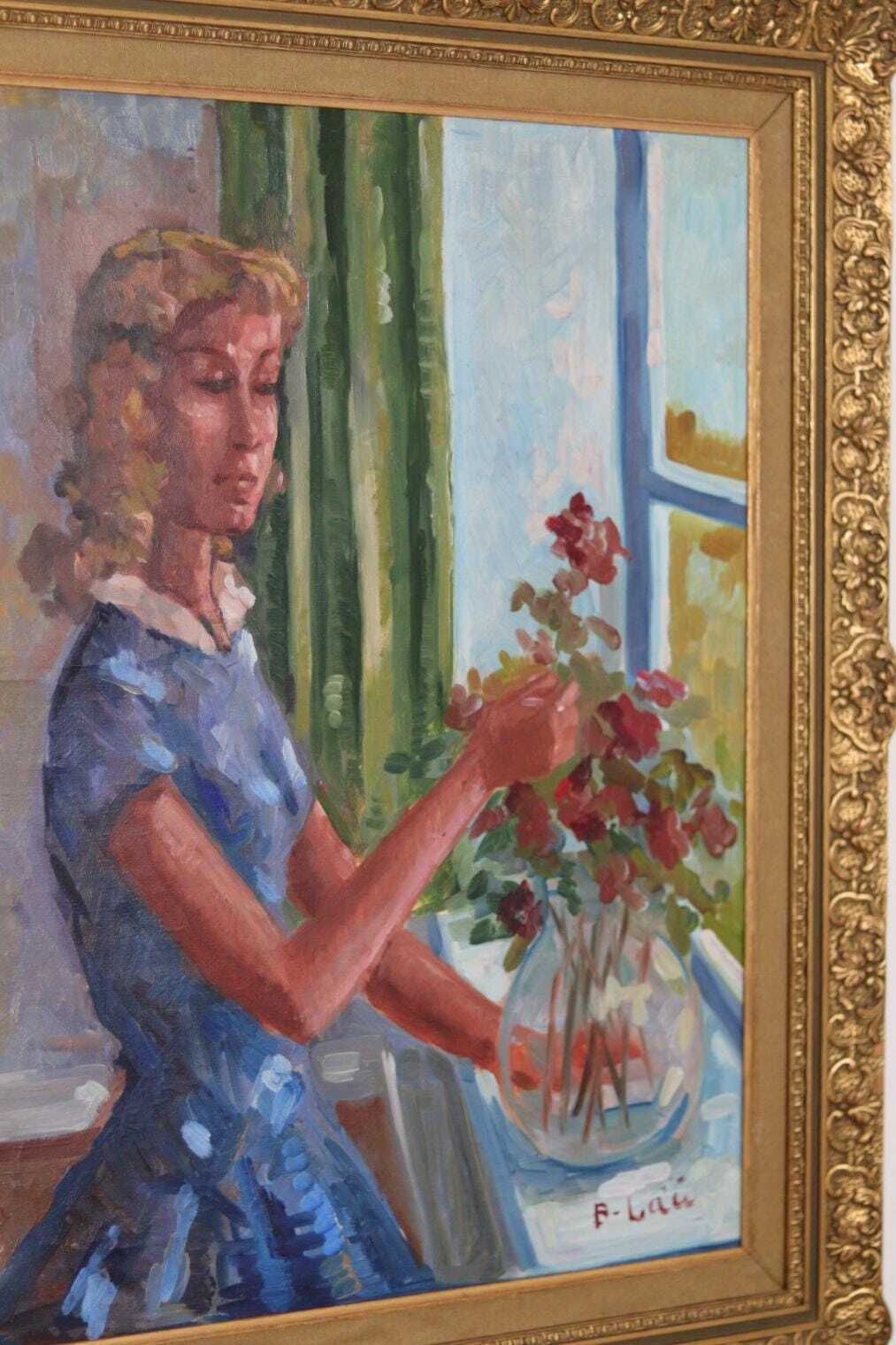 Original Swedish Oil On Canvas – “Woman With Flowers” By Bendt Lauritzen – Signed, Framed 82 × 72 Cm (32.3" × 28.3") photo for sale