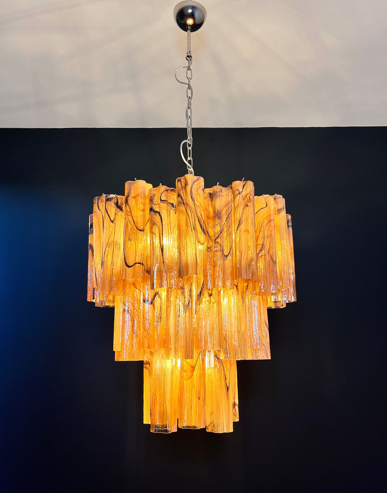 Lighting Large Three Tier Murano Glass Tube Chandelier   Amber Black Albaster photo