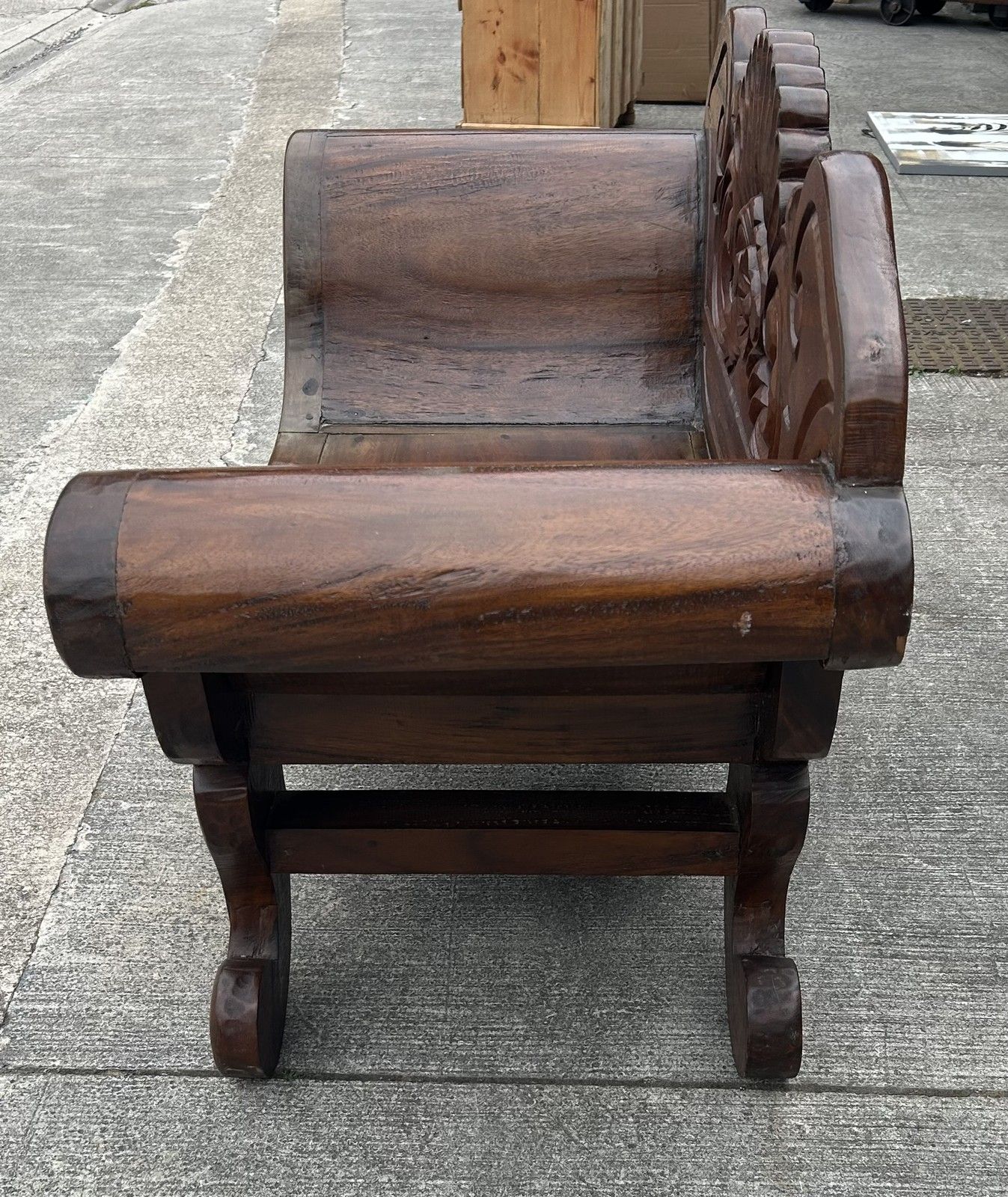 Furniture Vintage Solid Hardwood Balinese Carved Splay Arm Settle Hall Bench Seat photo