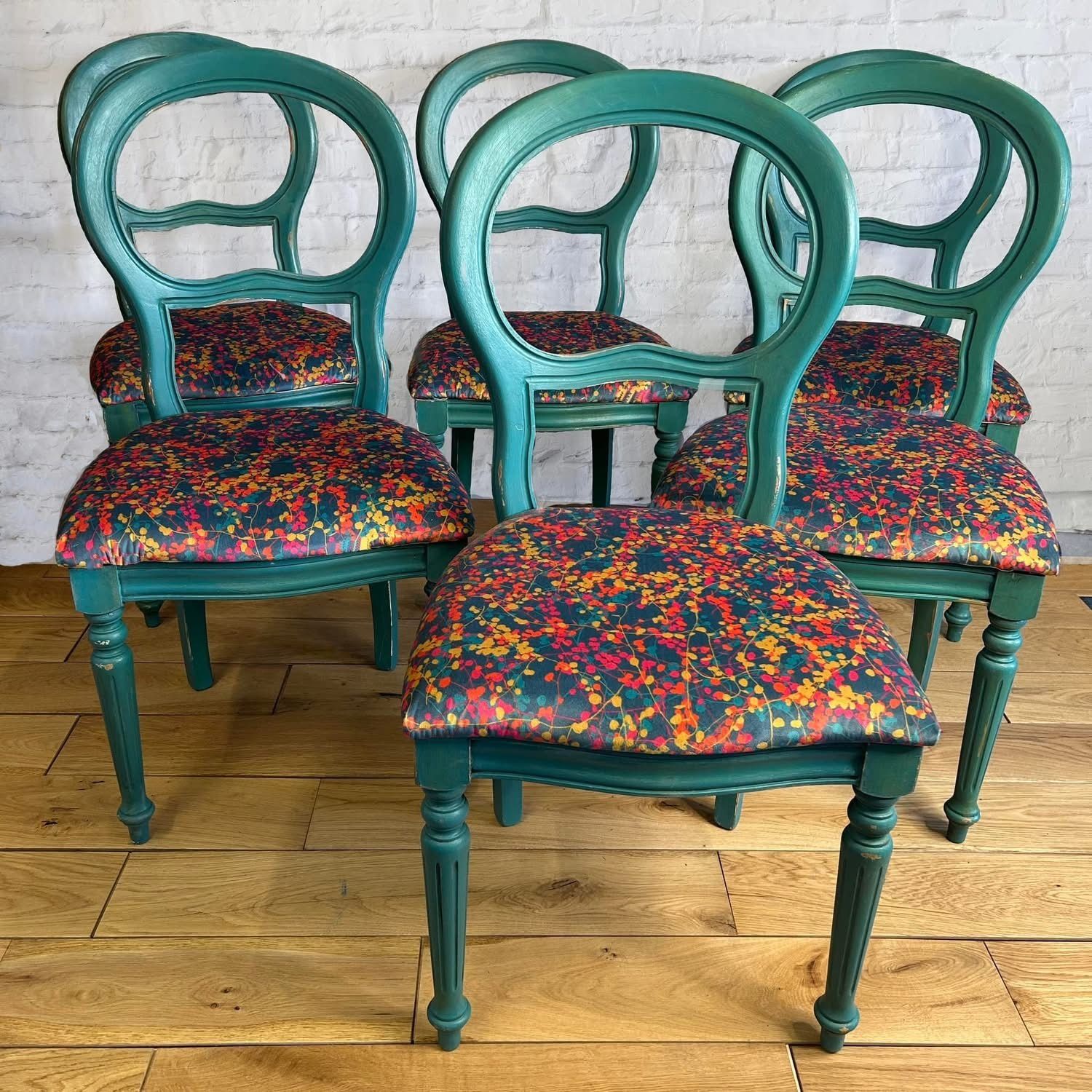 Set Of Six Hand Finished Dining Chairs In Farrow & Ball "Vardo" With Clarissa Hulse Velvet