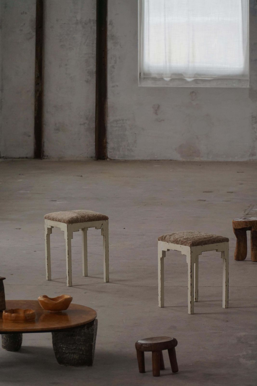 A Pair Of Antique Danish Stools, Lambswool Seats, Late 19th Century photo vintage