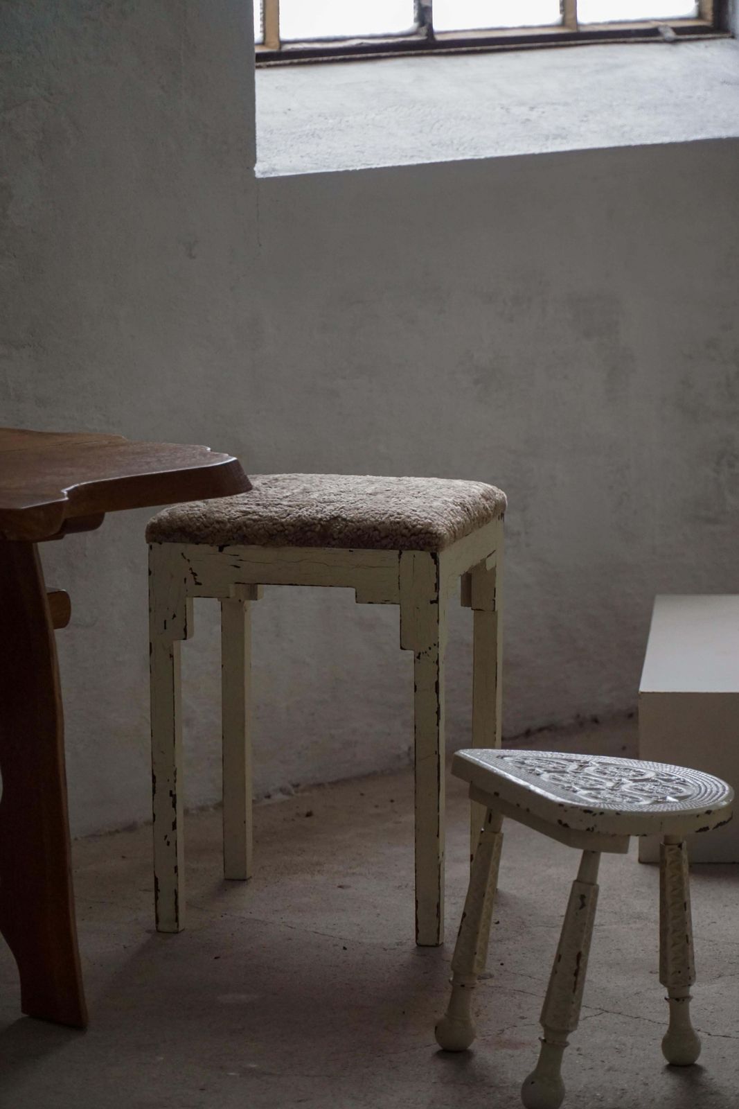photo buy A Pair Of Antique Danish Stools, Lambswool Seats, Late 19th Century