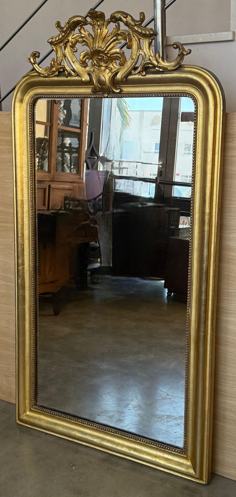 French 19th Century Large Vertical Gold Gilt Mirror With Floral Crest photo for sale