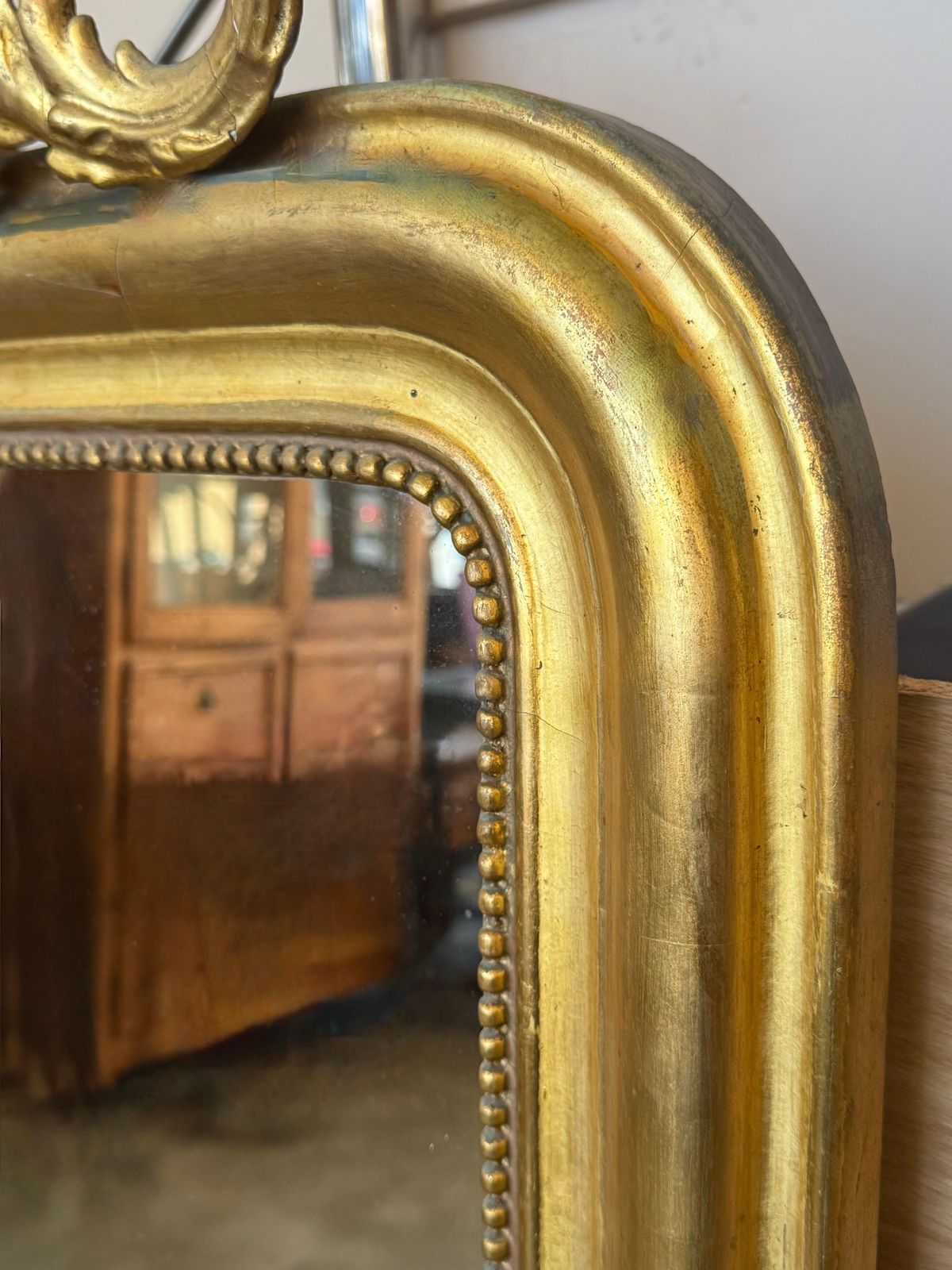 French 19th Century Large Vertical Gold Gilt Mirror With Floral Crest photo vinterior