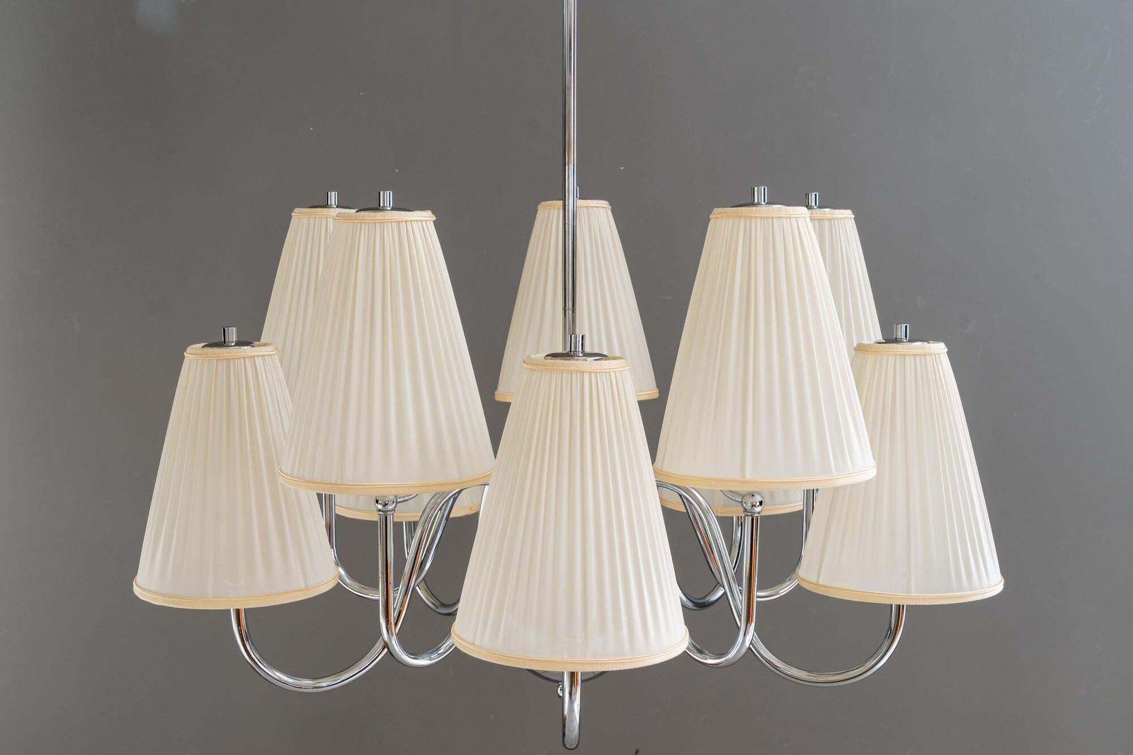 Big Art Deco Chrome Chandelier With Fabric Shades Around 1920 photo furniture