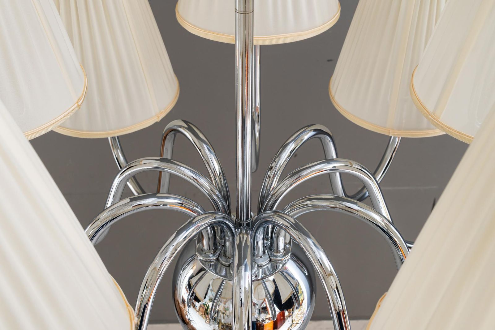 Big Art Deco Chrome Chandelier With Fabric Shades Around 1920 photo vinterior