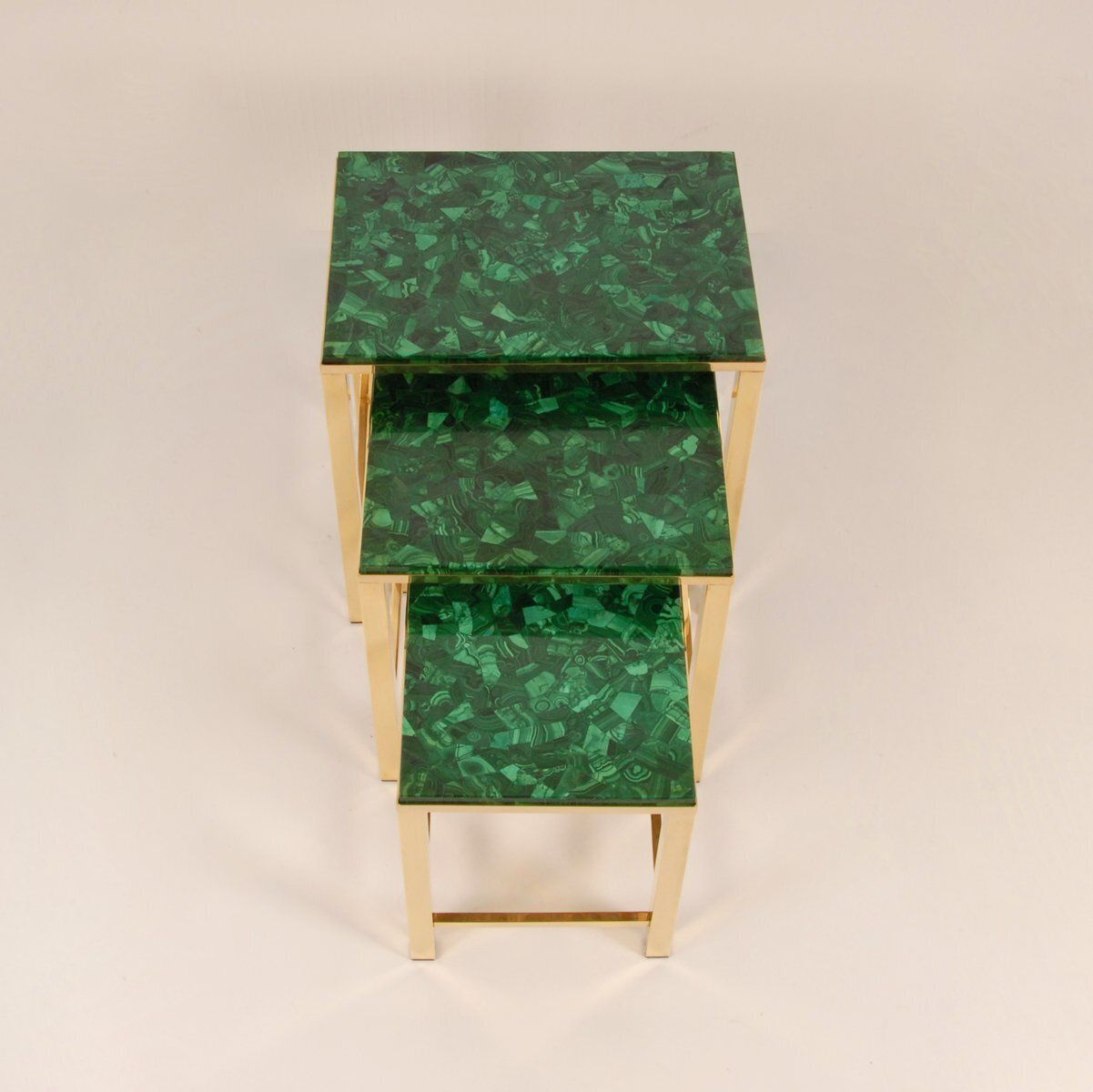 Mid Century Modern Nesting Tables In Malachite And Gold Gilt Brass, 1970s, Set Of 3 photo for sale