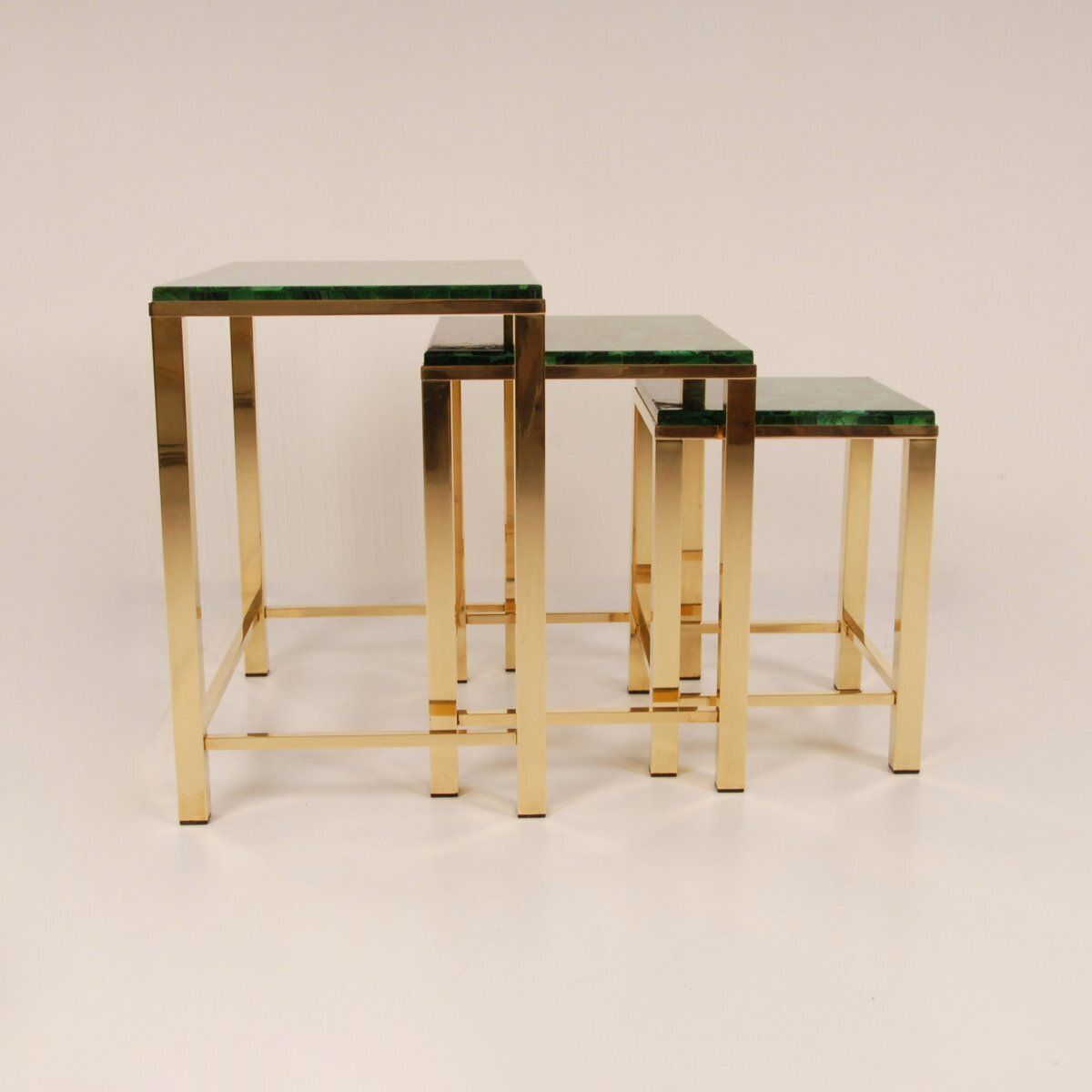 Furniture Mid Century Modern Nesting Tables In Malachite And Gold Gilt Brass, 1970s, Set Of 3 photo