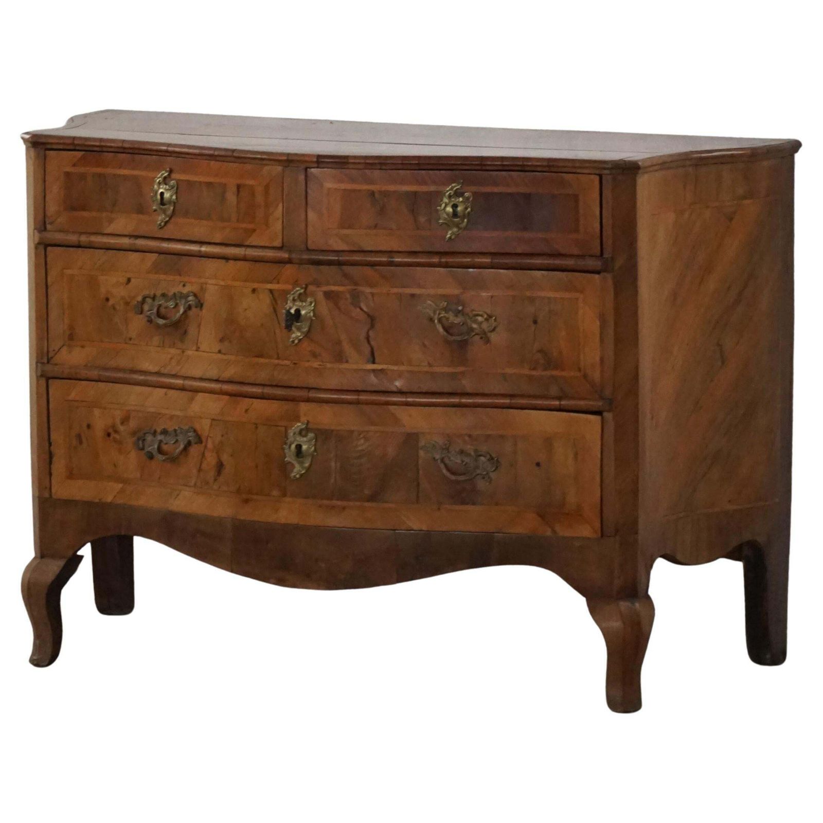 18th Century, Antique Serpentine Front Danish Baroque Walnut Chest Of Drawers