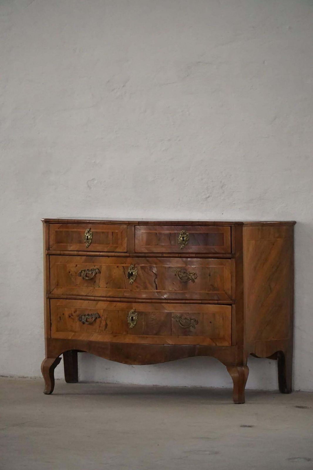18th Century, Antique Serpentine Front Danish Baroque Walnut Chest Of Drawers photo for sale