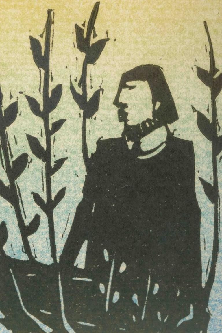 åke Holm. Color Woodcut On Paper. Composition With Man In Tree. Mid 20th C photo for sale