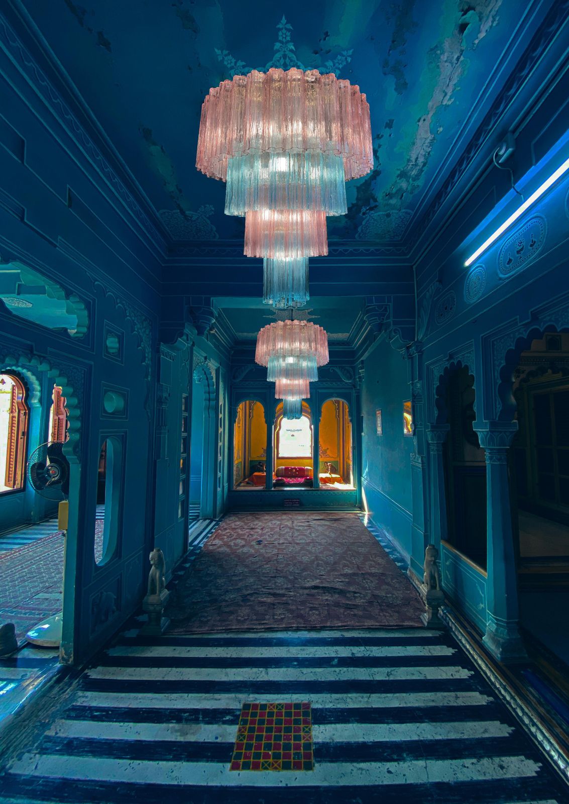 Lighting Charming Italian Pink An Blue Chandelier By Valentina Planta, Murano photo