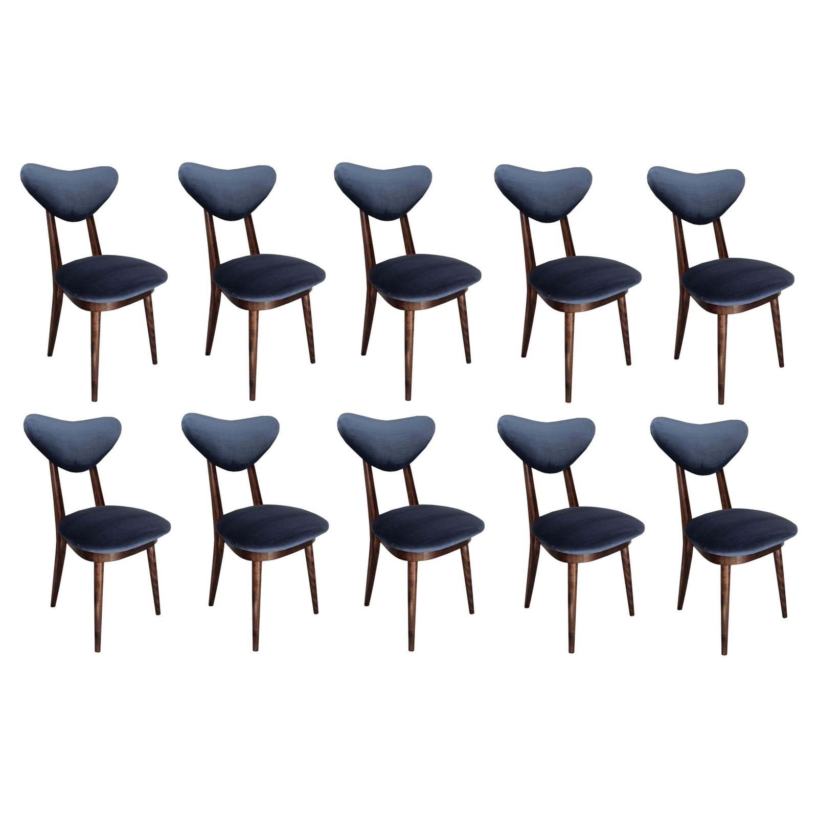 Set Of Ten Mid Century Blue Velvet, Walnut Wood, Heart Chairs, Poland, 1960s  1