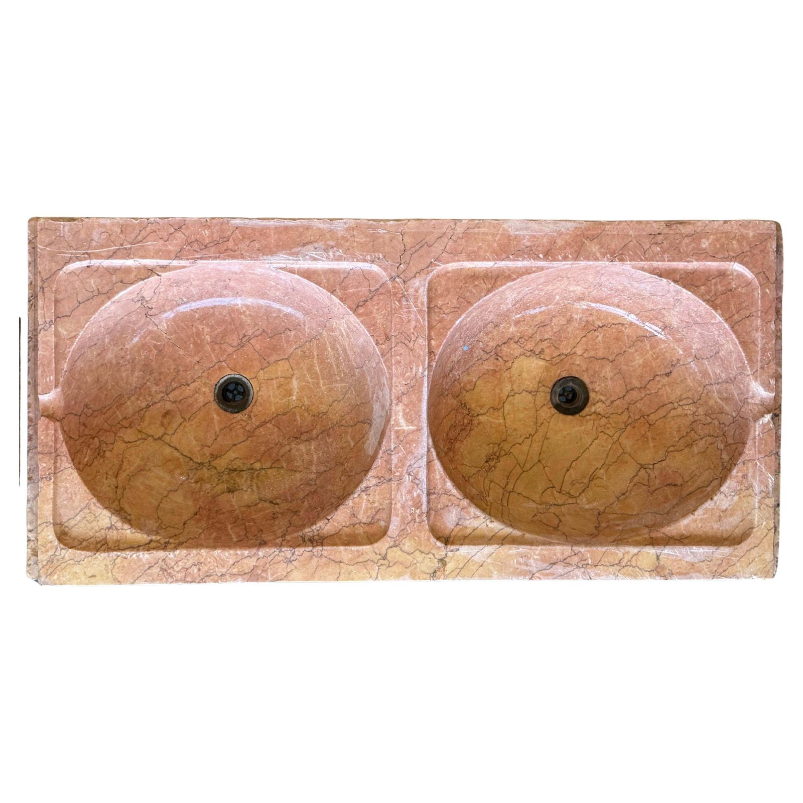 19th Century Antique Hand Carved Pink Marble Double Basin Kitchen Sink