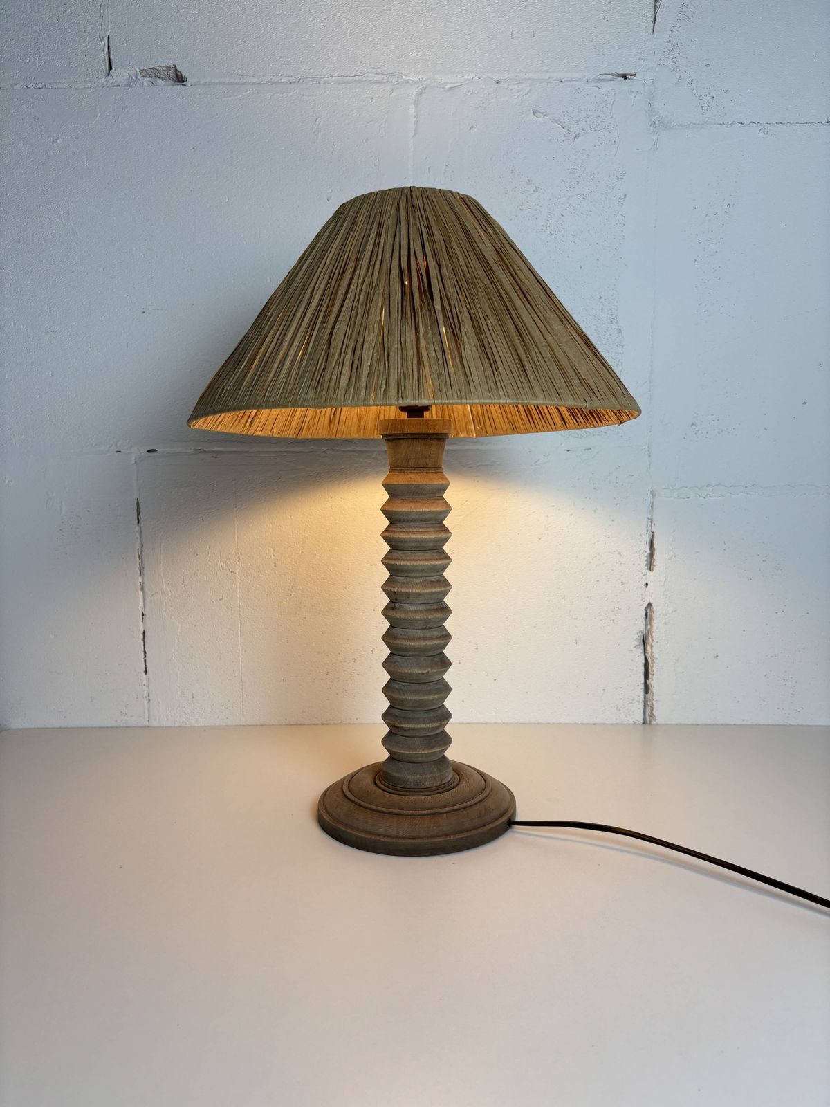 photo for sale Wabi Sabi Brutalist Wood Turned Table Lamp In The Style Of Charles Dudouyt