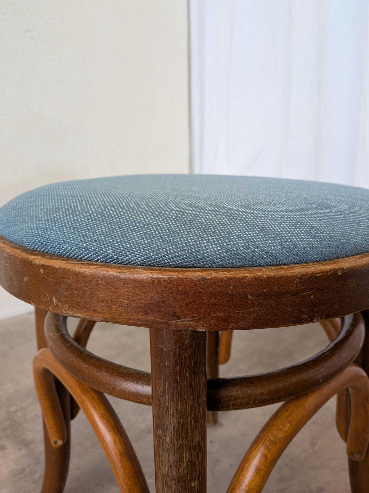 Pair Of Vintage Bentwood Stools / Thonet Style / Upholstered Seat In Blue / 1970s photo vinterior