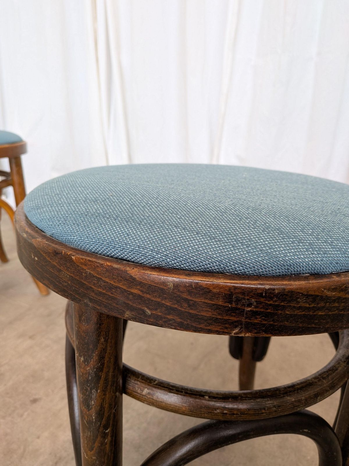 Pair Of Vintage Bentwood Stools / Thonet Style / Upholstered Seat In Blue / 1970s photo vintage