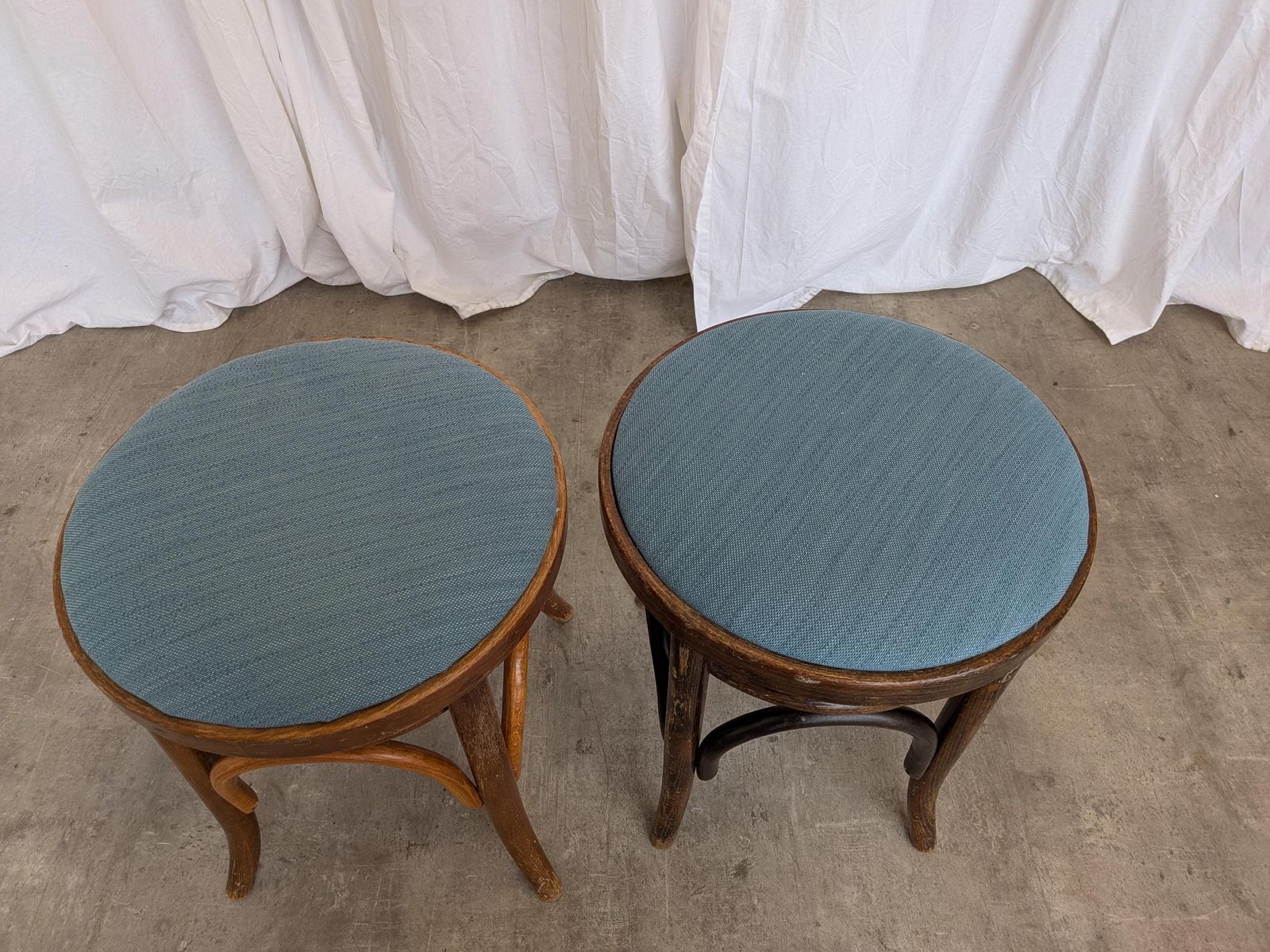 Furniture Pair Of Vintage Bentwood Stools / Thonet Style / Upholstered Seat In Blue / 1970s photo