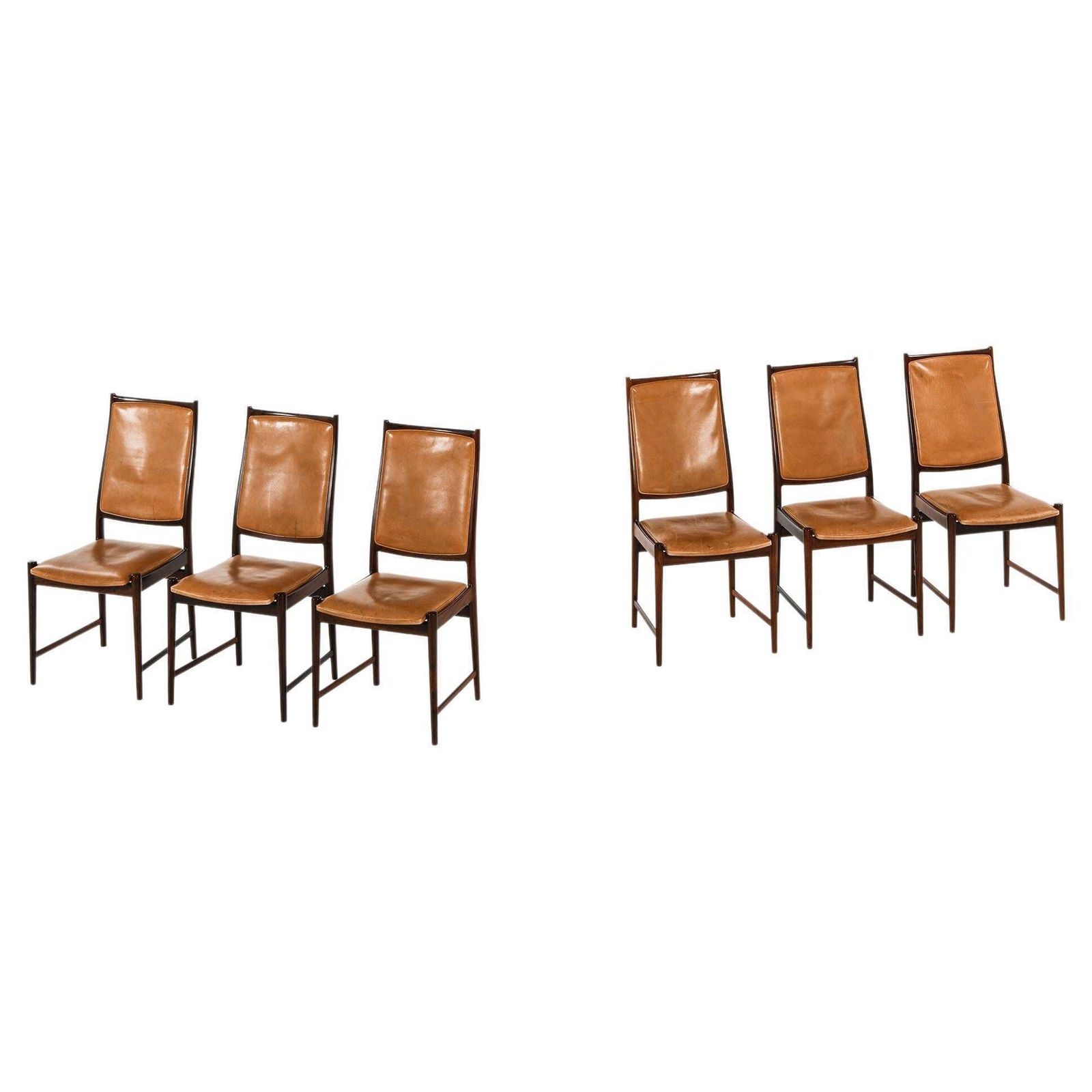 Set Of 6 High Back Dining Chairs In Rosewood & Leather By Torbjørn Afdal, 1950's