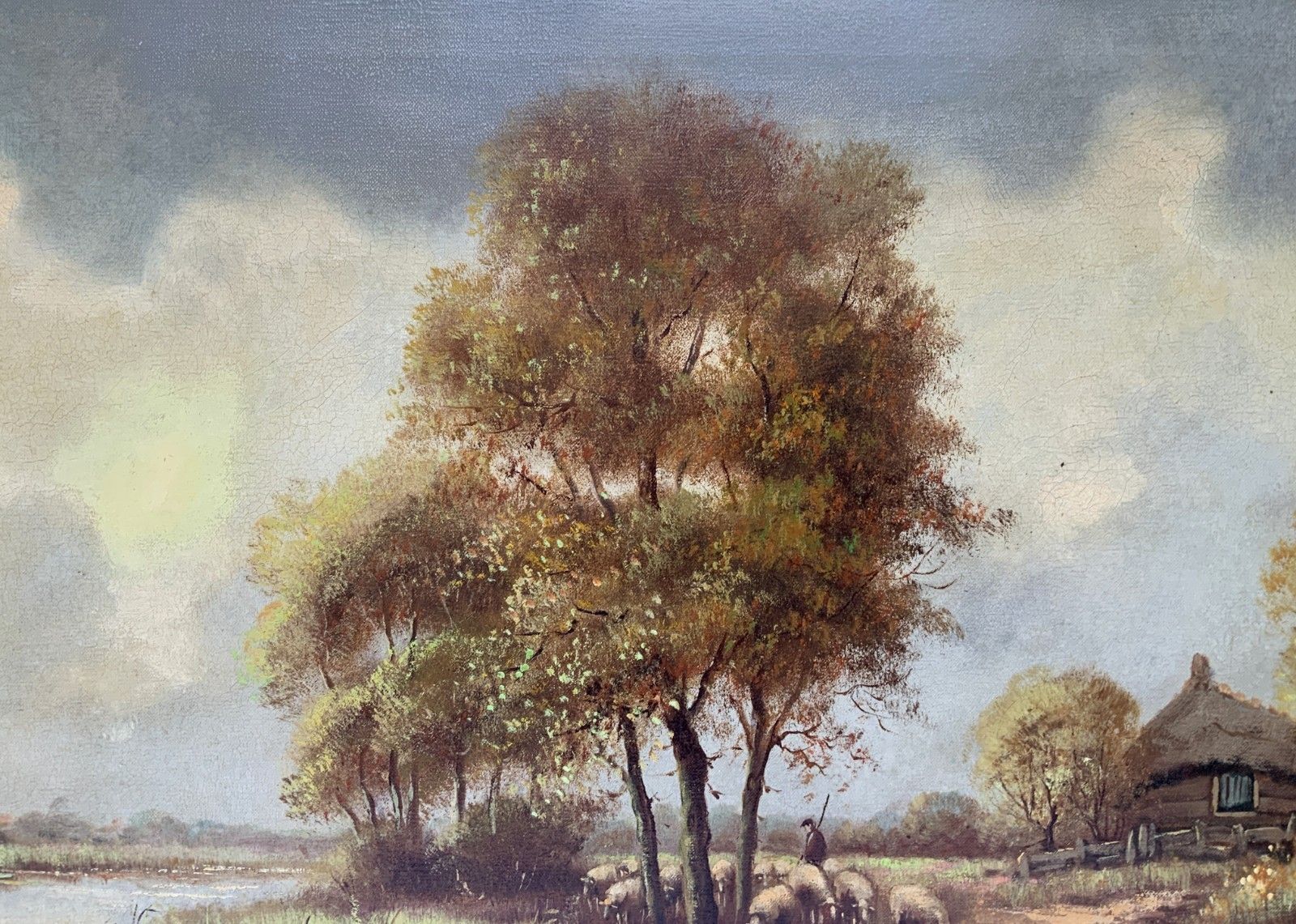 Large British School Vintage Mid Century Autumn Farming Landscape Oil Painting photo vintage