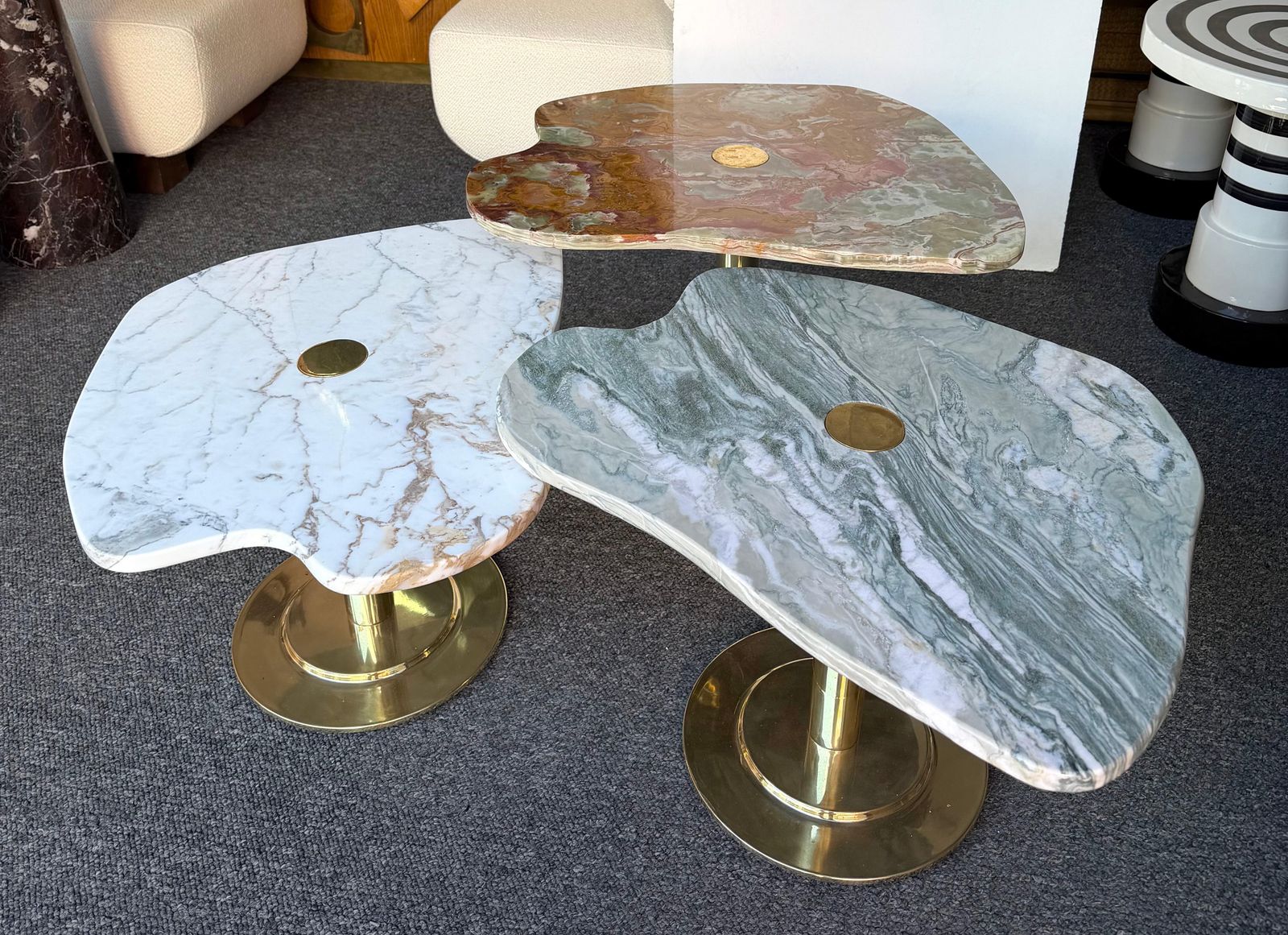 photo for sale Contemporary Set Of 3 Brass And Marble Nesting Tables, Italy