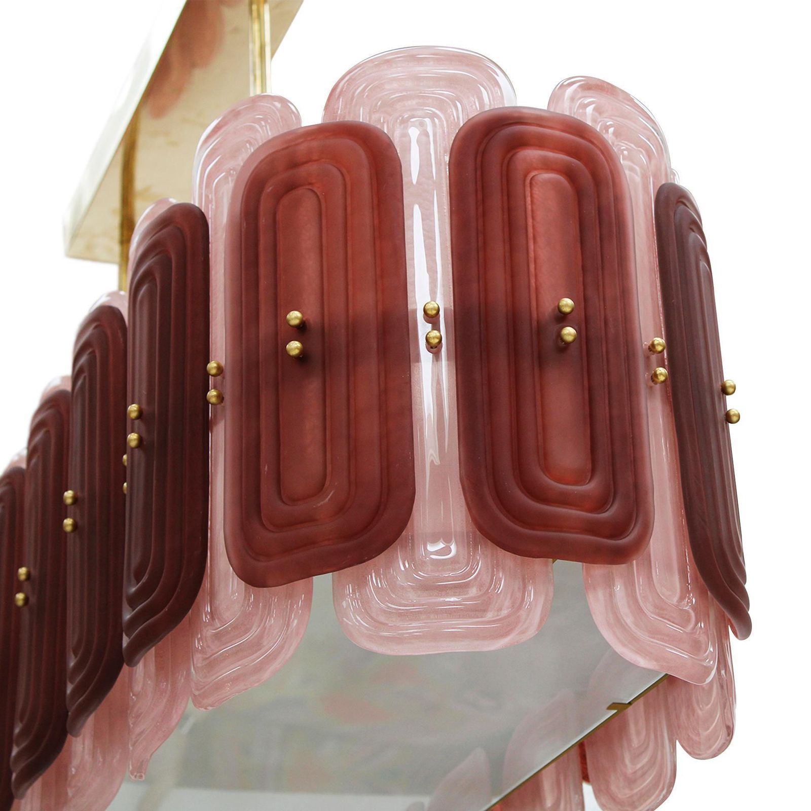 Italian Suspension Lamp With Gold Metal Structure And Red And Pink Murano Glass photo buy