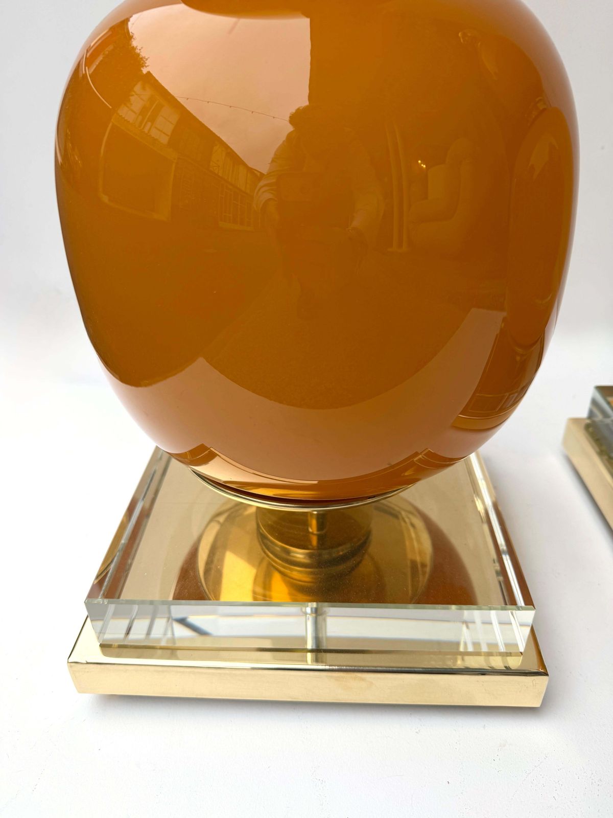 Contemporary Pair Of Brass And Orange Murano Glass Bulbs Lamps, Italy photo for sale