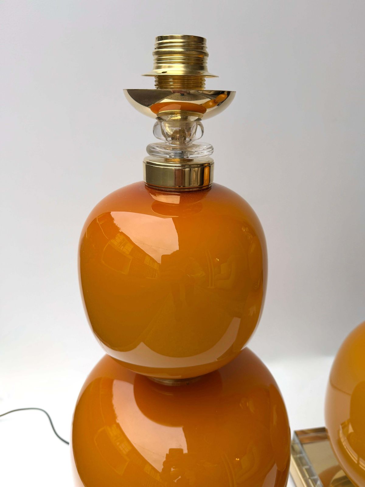 photo furniture Contemporary Pair Of Brass And Orange Murano Glass Bulbs Lamps, Italy