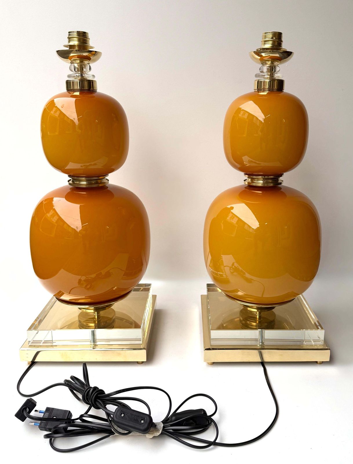 Lighting Contemporary Pair Of Brass And Orange Murano Glass Bulbs Lamps, Italy photo