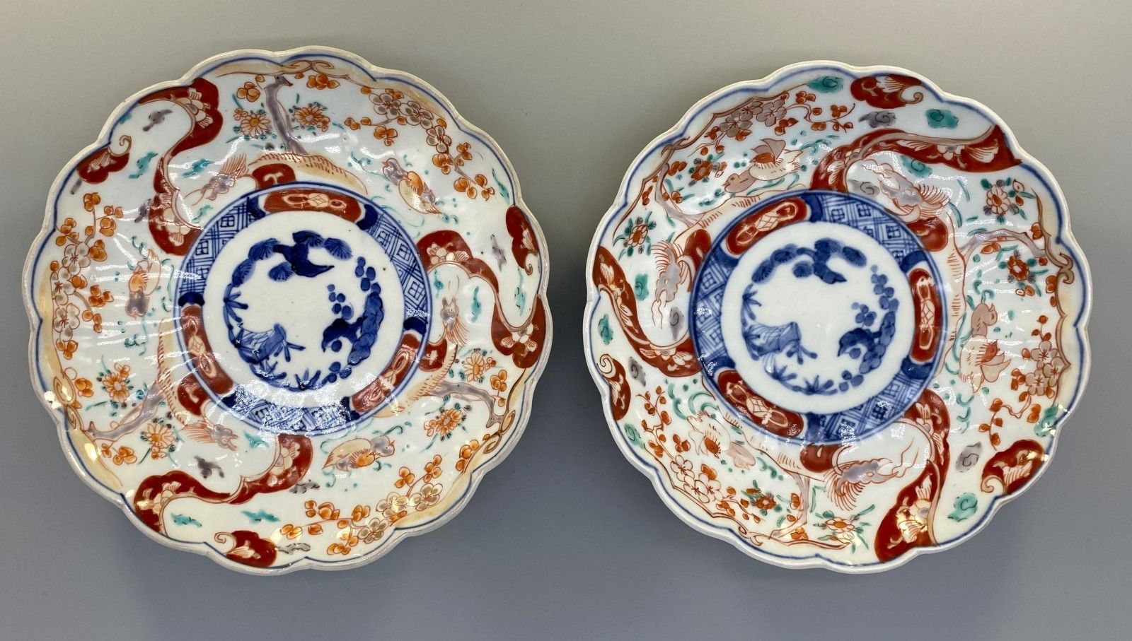 Fine Pair 18thc Japanese Edo Period Scallop Form Porcelain Imari Bowl Dish Plate