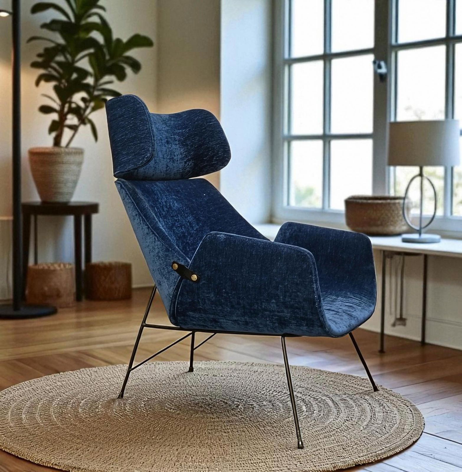 photo for sale Augusto Bozzi For Saporiti Blue Fabric Armchair, Italy 1950s