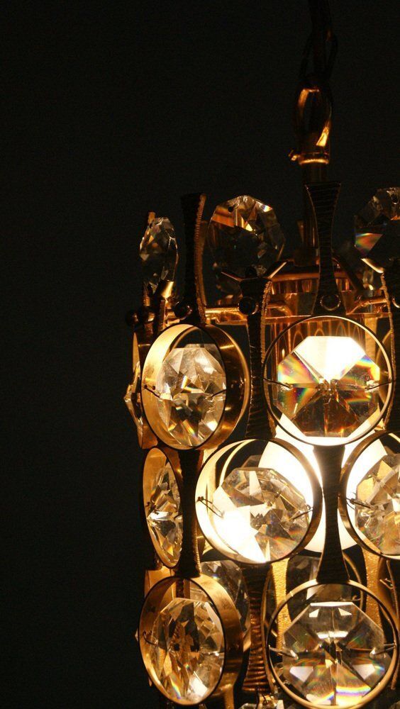 Hollywood Regency Brass & Crystal Glass Ceiling Lamp By Christoph Palme For Palwa photo buy