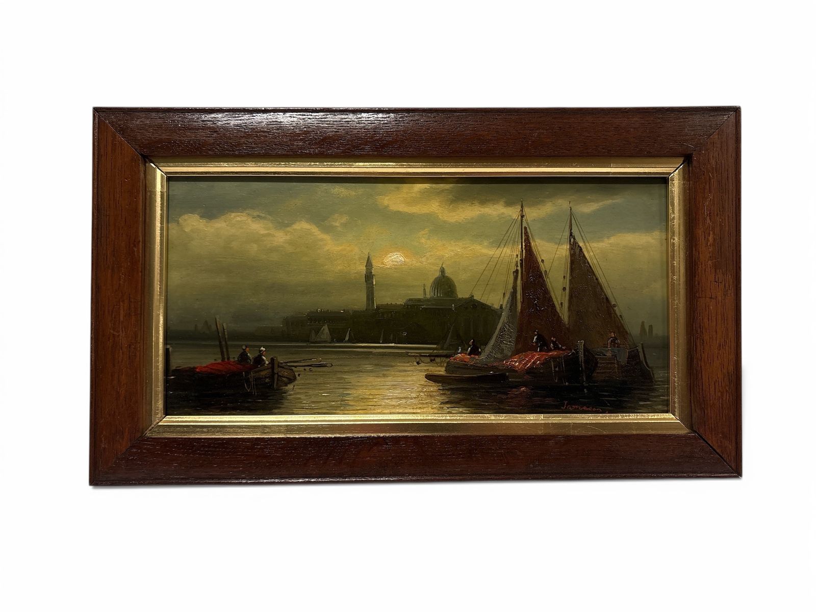 Oil Painting Of Sailboats On The Grand Canal In Venice Signed Jameson 19th Century