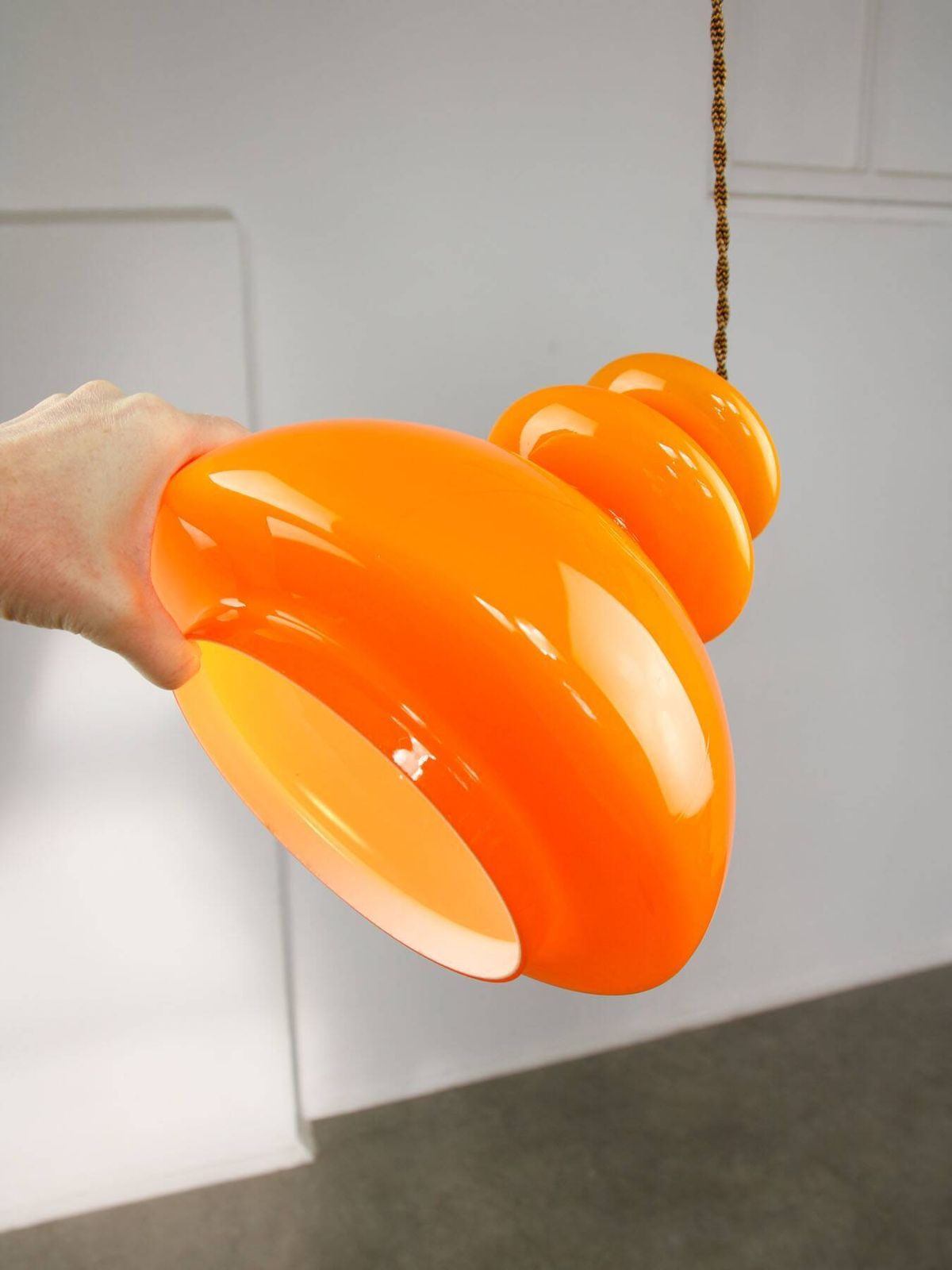 Mid Century Italian Orange Glass & Brass Pendant Lamp, 60s photo vintage