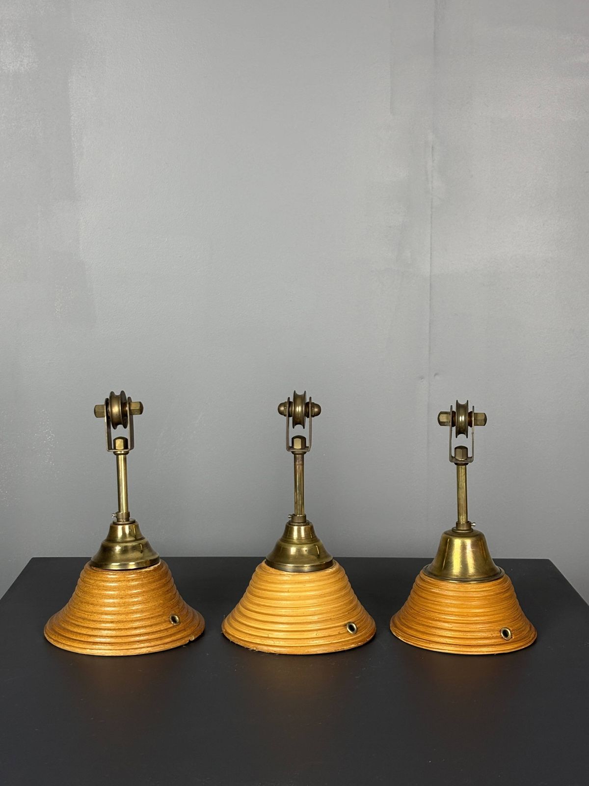 photo furniture Set Of 3 Midcentury Rattan Bamboo Pencil Reed Hanging Pendants, Italy 1970s