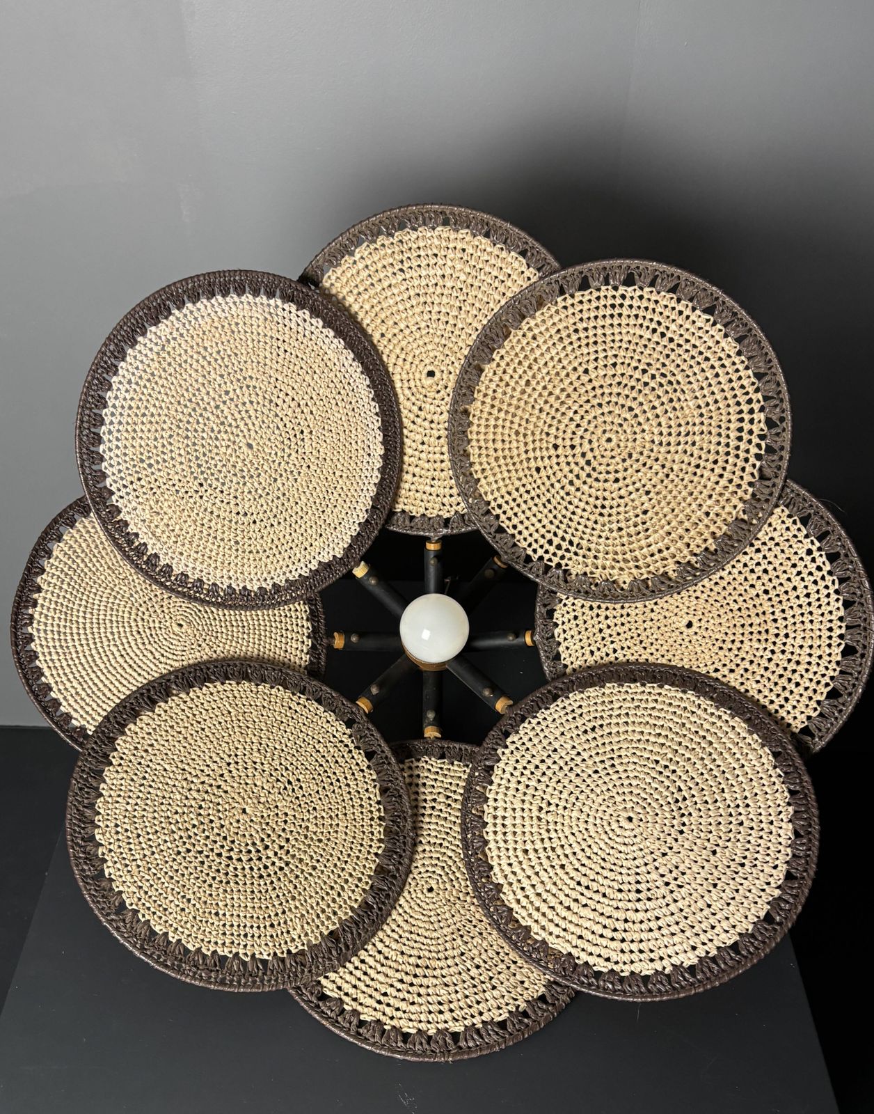 Midcentury Uchiwa Fan Macrame Fiber Rattan Hanging Pendant Lamp, 1970s photo 1079.0