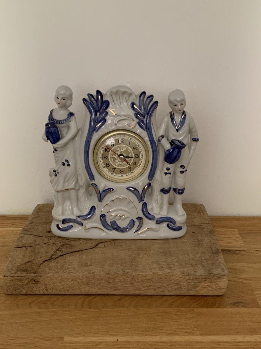Vintage Porcelain Figure Quartz Fireplace Clock, 1940s