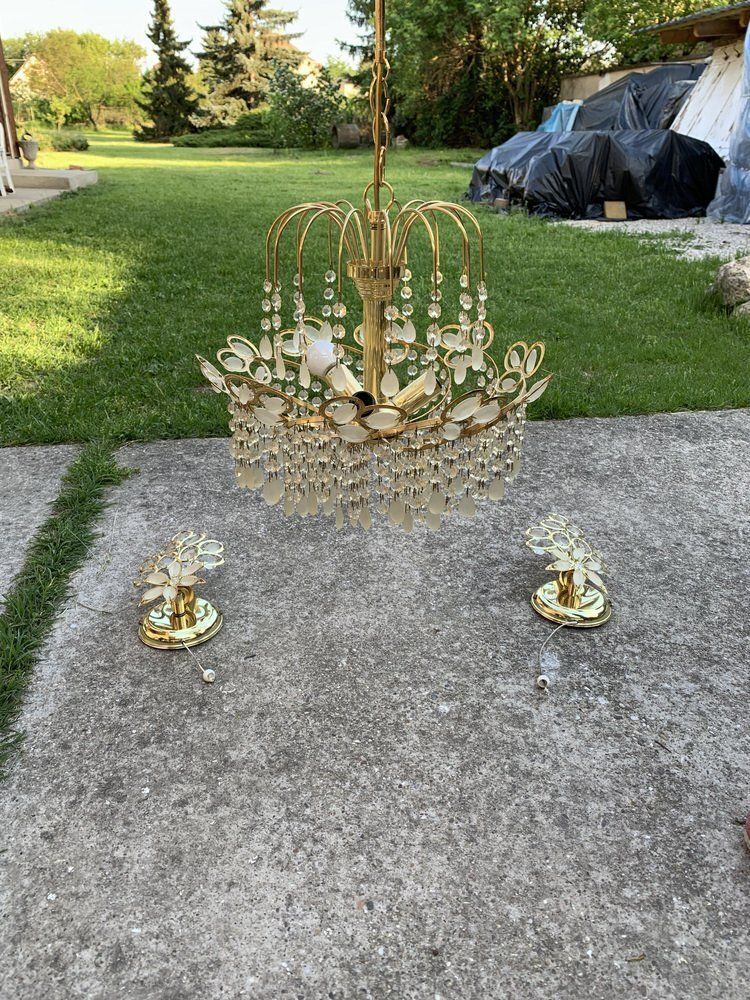 Mid Century Italian Brass And Glass Chandelier, 1960s, Set Of 3 photo for sale