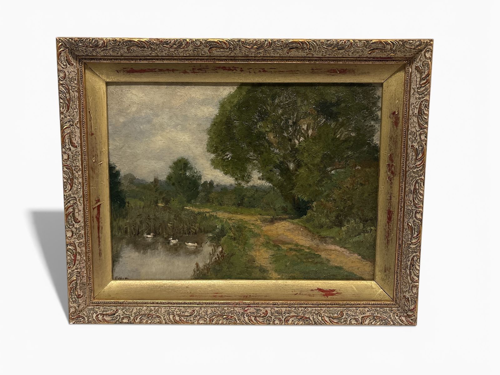 Oil Landscape Depicting Geese On A Pond By Frank Percy Wild 1930s