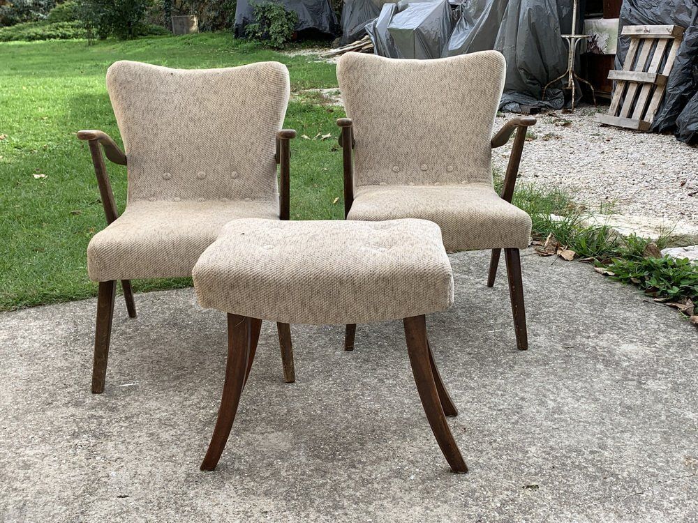 Art Deco Side Chairs And Stool, 1940s, Set Of 3