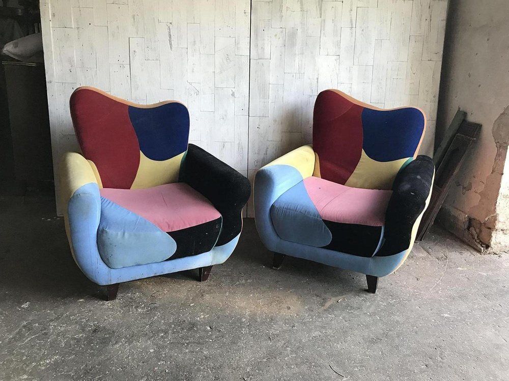Set Of Mid Century Armchairs In Multicoloured Fabric With Black Painted Legs photo buy