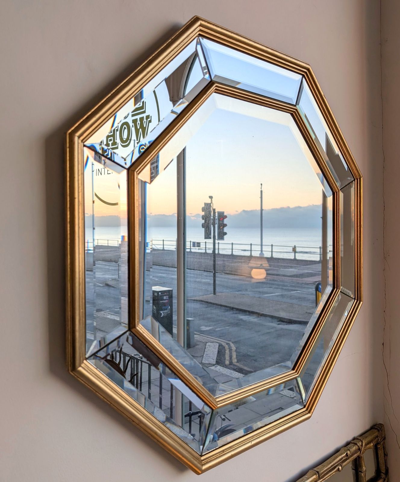 photo for sale Vintage Midcentury Gold Octagonal Bevelled Mirror By Deknudt, Belgium, 1970s