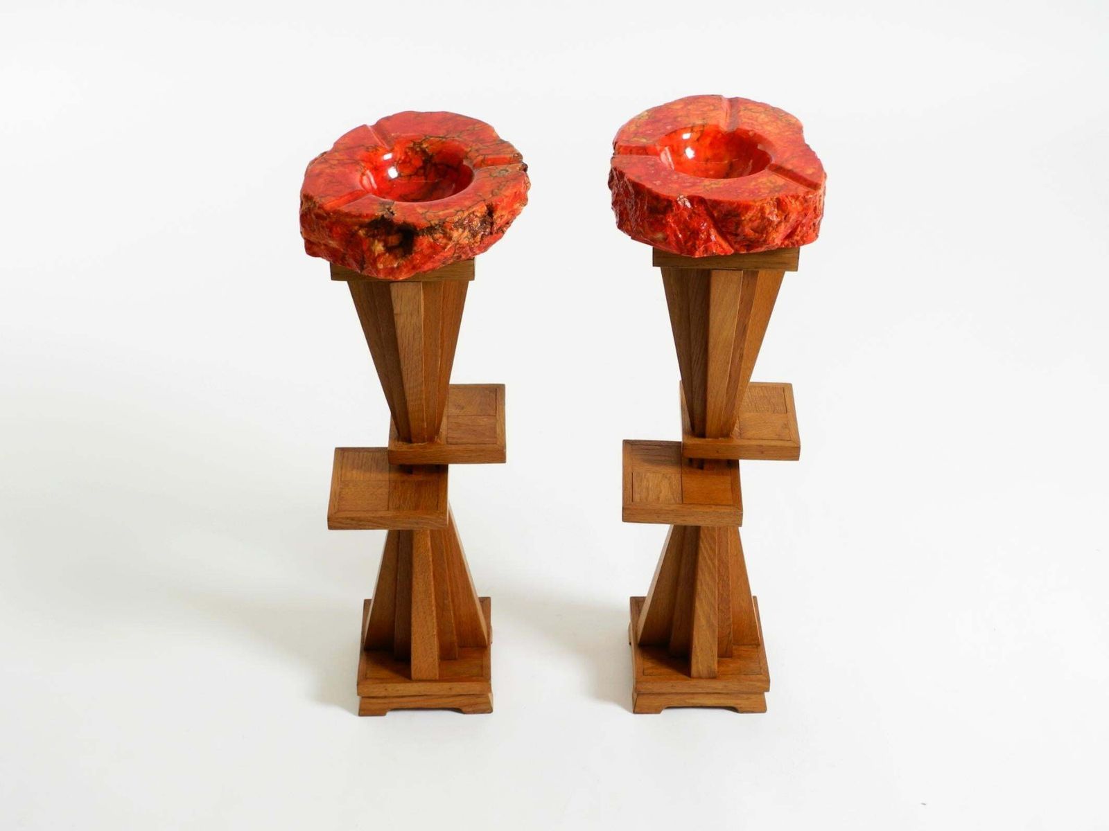 Two Unique Mid Century Standing Ashtrays Consisting Of Red Alabaster Cup photo vintage
