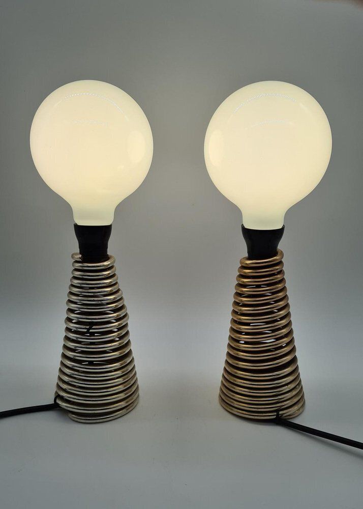 Vintage Table Lamps Aluminium Springs & Large Bulbs, Czechoslovakia, 1970s, Set Of 2 photo vinterior