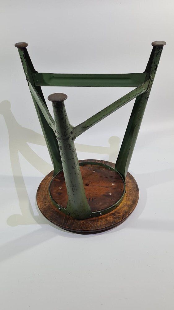 Industrial Stool In Dark Brown Wood And Green Metal, Germany, 1950s photo 332.0