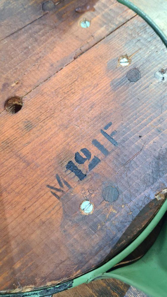 photo for sale Industrial Stool In Dark Brown Wood And Green Metal, Germany, 1950s