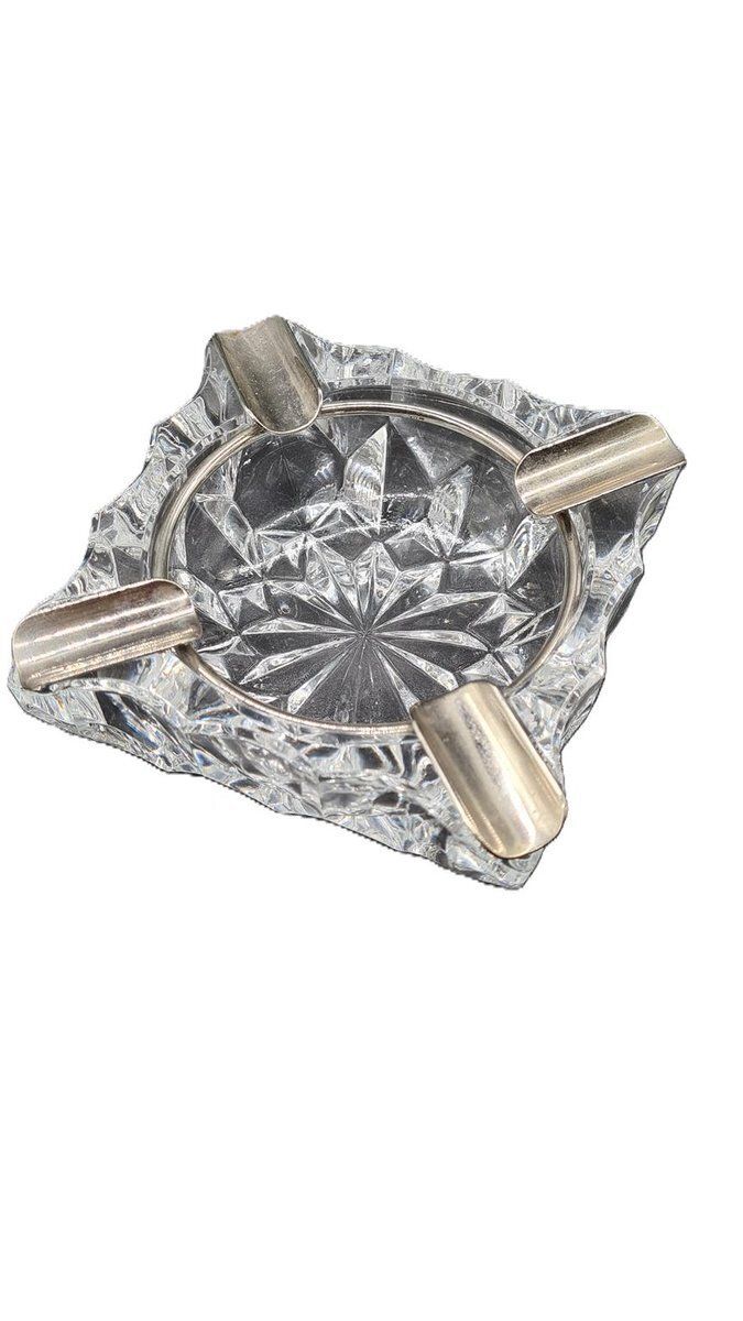 Vintage Crystal Ashtray With Metal Rim, 1960s