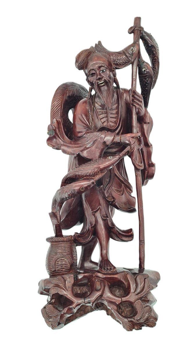 Chinese Figurine Of A Fisherman Or Sage In Boxwood, Early 20th Century