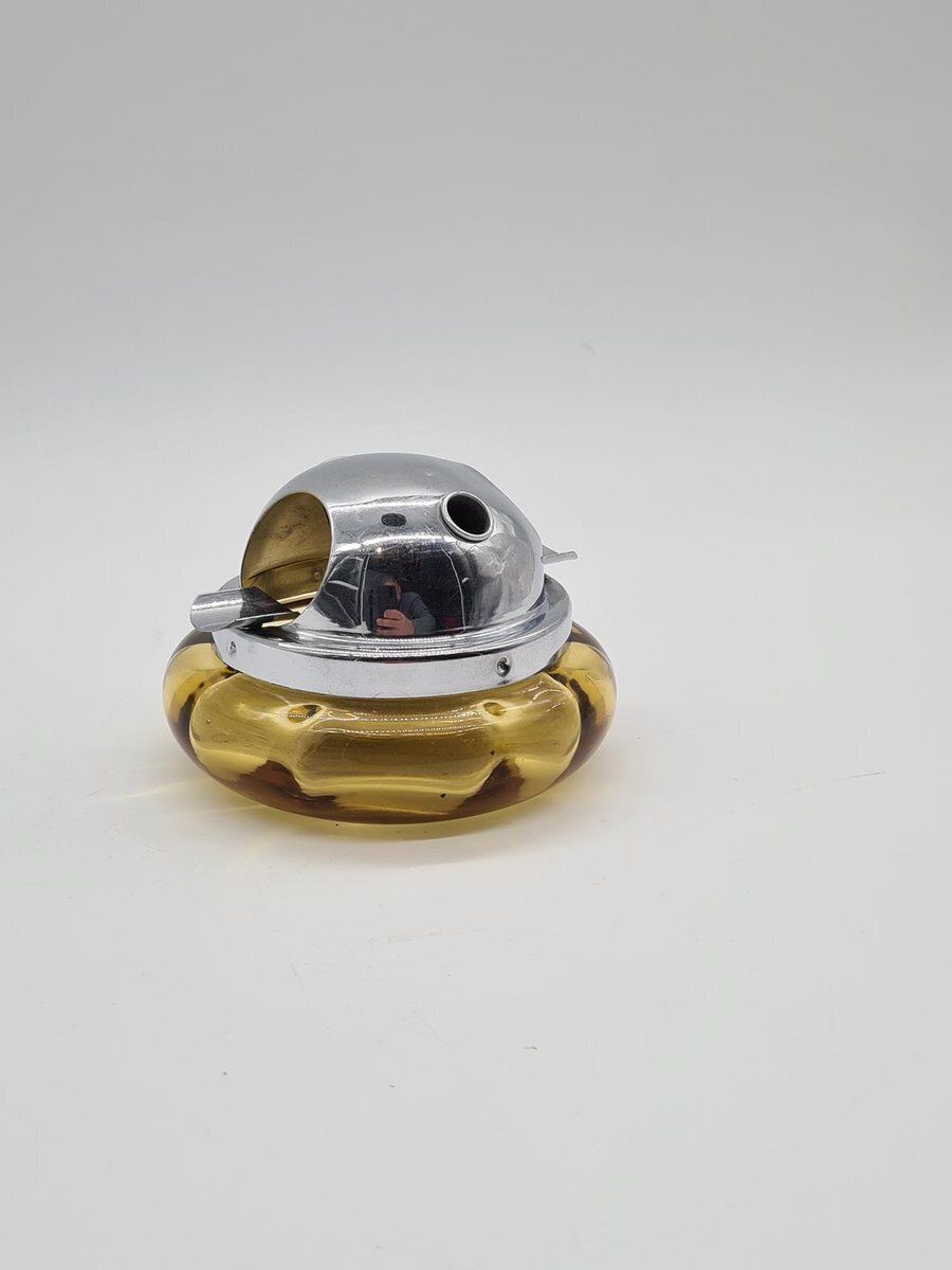 Space Age Ashtray In Orange Glass And Chrome Plated Metal, 1970s photo for sale