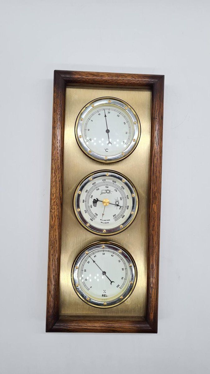Weather Station With Three Analog Indicators In Brass And Wood, 1970s photo for sale